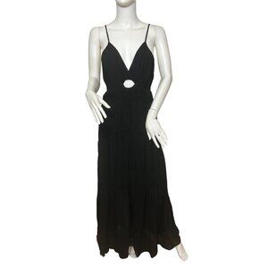 YFB Dress M Black Maxi Tiered Ruched Straps Party Cocktail V-Neck Keyhole Lined